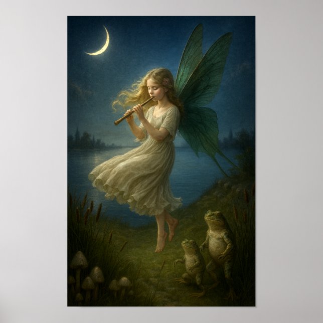 Affiche Fairy Girl Playing A Flute To Frogs In Moonlight (Devant)