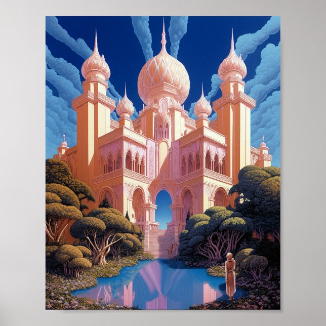 Affiche Fairy Tale Castle Rose White Gold Imaginaire Art (Devant)