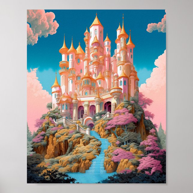 Affiche Fairy Tale Castle Rose White Gold Imaginaire Art (Devant)