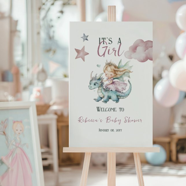 Affiche Fairy Tale Rêveuse Dragon Rose Baby Shower Princes (Créateur téléchargé)