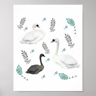 Affiche Fairytale Swan Illustration Folk Botanical