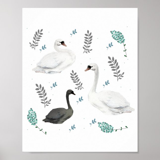 Affiche Fairytale Swan Illustration Folk Botanical (Devant)