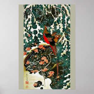 Affiche Faisans dans la neige, pin, roses, fleurs japonais