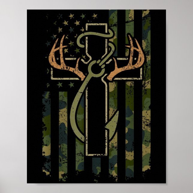 Affiche Faith Fishing Hunting Camo Us Flag Cross With Hook (Devant)