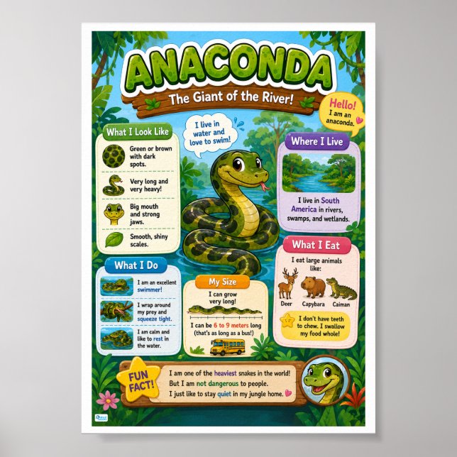 Affiche Faits amusants sur l'anaconda pour les enfants (Devant)