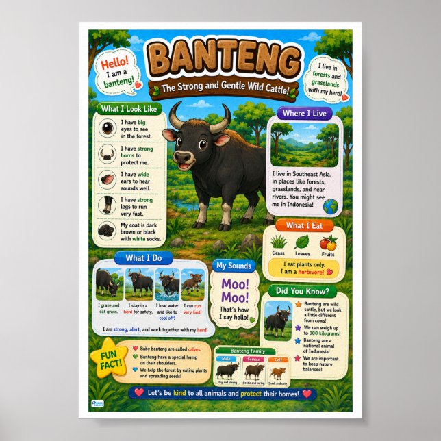 Affiche Faits amusants sur les banteng pour les enfants (Devant)