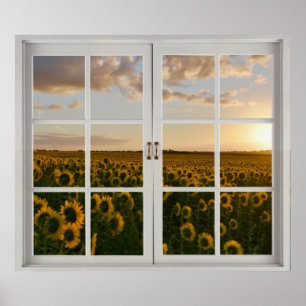 Affiche Fake Window Floral Sunflower paysage coucher de so
