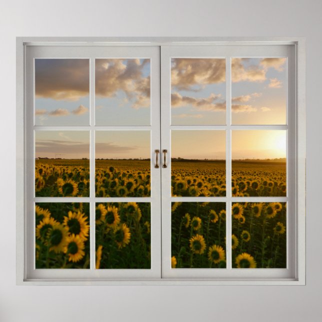 Affiche Fake Window Floral Sunflower paysage coucher de so (Devant)