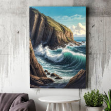 Falaise Brun Bleu Vagues Océan Bord de Mer