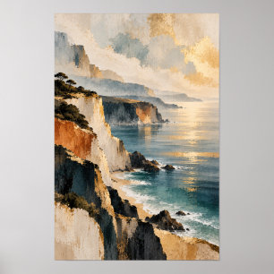 Affiche Falaise Côtière Dorée et Paysage de Mur de Mer Ble
