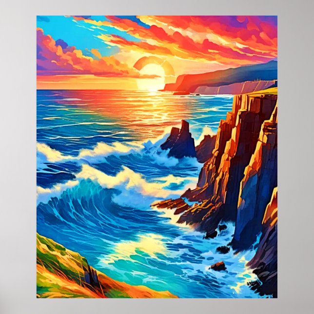 Affiche Falaises au coucher du soleil : Heure d'or de l'oc (Devant)