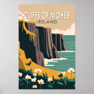 Affiche Falaises de Moher Irlande Floral Travel Art Vintag