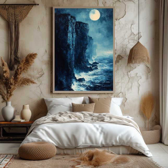 Affiche Falaises Océaniques au Clair de Lune en Bleu Monoc (Créateur téléchargé)