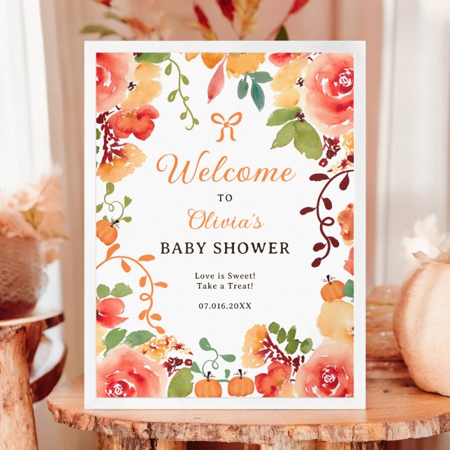 Affiche Fall Boho citrouille baby shower floral bienvenue (Fall Boho pumpkin floral baby shower welcome Poster)