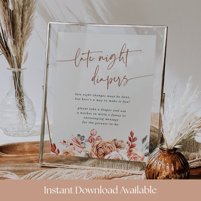 Affiche Fall Floral Baby Shower Late Night Diapers Sign (Créateur téléchargé)