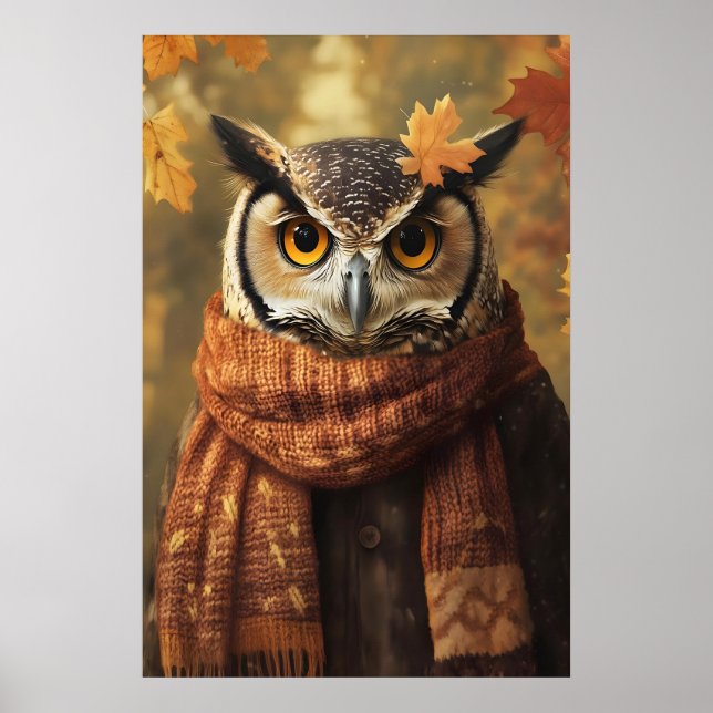 Affiche Fall Owl Art Print, Autumn Clothes, Rustic Home (Devant)