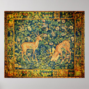 Affiche FALLOW DEER PAIR,GOTHIC FANTASY FLOWERS,Green