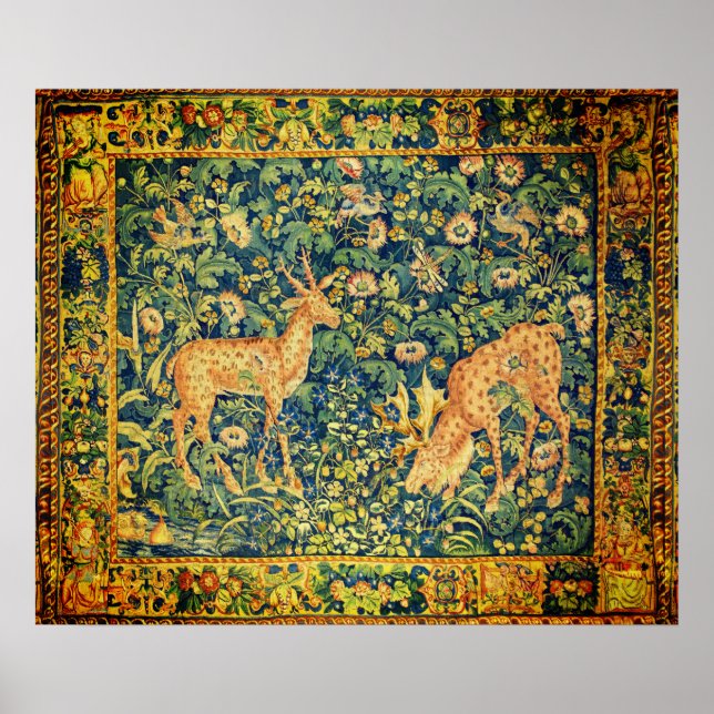 Affiche FALLOW DEER PAIR,GOTHIC FANTASY FLOWERS,Green (Devant)