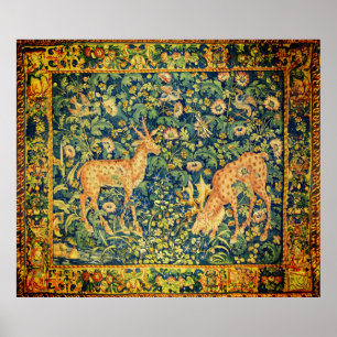 Affiche FALLOW DEER PAIR,GOTHIC FANTASY FLOWERS,Green