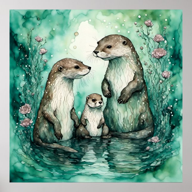 Affiche Famille adorable de Otter avec Baby Otter (Devant)