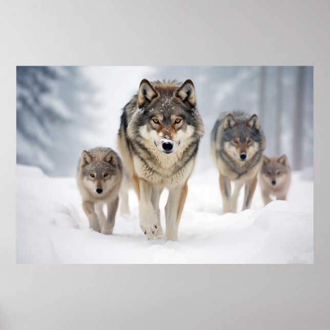 Affiche Famille d'animaux loups errer la nature (Devant)