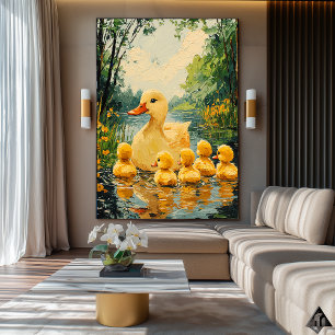 Affiche Famille de canards dorés – Art naïf et fantaisiste