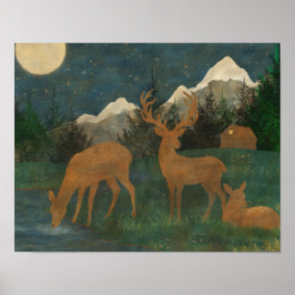 Affiche Famille de cerfs au bord d'un ruisseau, peinture C