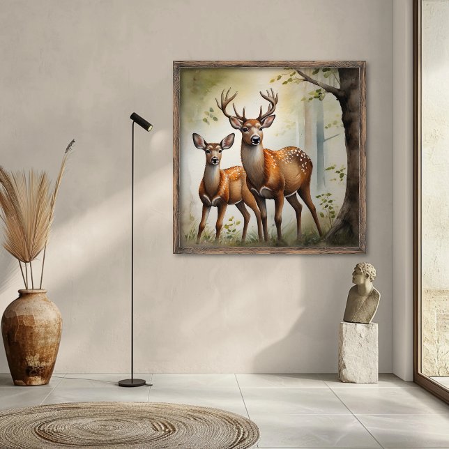 Affiche Famille de cerfs dans une clairière forestière fau (Créateur téléchargé)