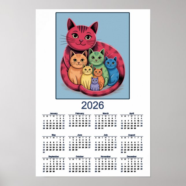 Affiche Famille de Chats Douce Calendrier 2026 de Chats (Devant)