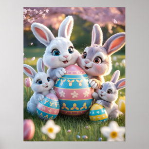 Affiche Famille de lapins 3D joyeuse avec un œuf de Pâques