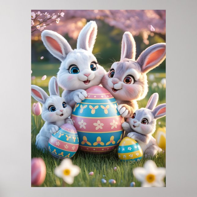 Affiche Famille de lapins 3D joyeuse avec un œuf de Pâques (Devant)