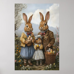 Affiche Famille de lapins de Pâques vintage, nurserie prin