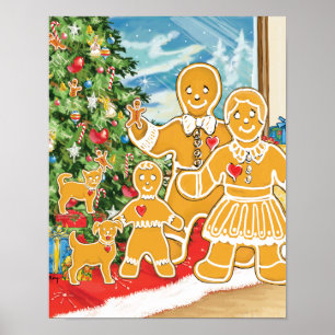 Affiche Famille De Pain D'Or Avec Leur Arbre De Noël