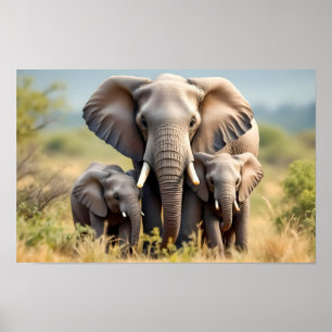 Affiche Famille d'Éléphant Heureuse