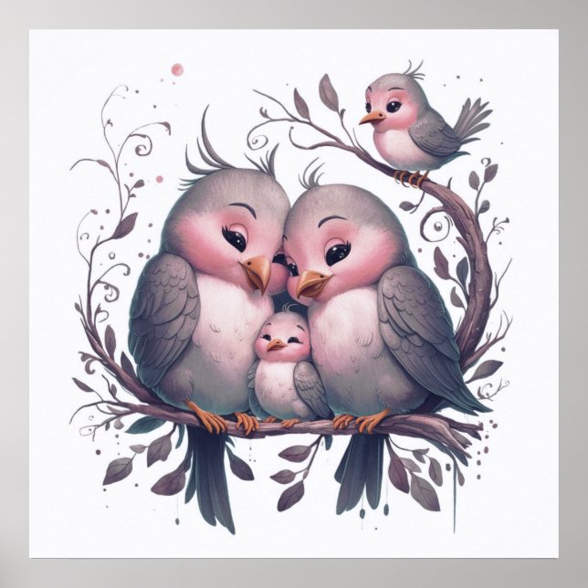 Affiche Famille d'oiseaux d'aquarelle avec enfants#5 (Devant)