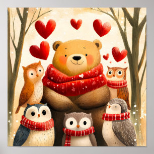 Affiche Famille d'ours et de hiboux cosy en forêt en hiver