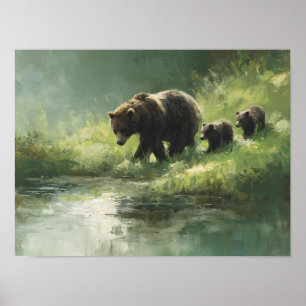 Affiche Famille d'ours grizzly au bord de la rivière