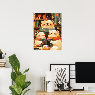 Affiche Famille d'ours polaires lisant ensemble à Noël