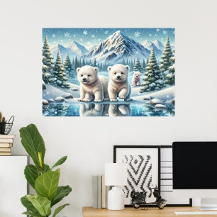 Affiche Famille d'ours polaires Paysage de montagne enneig