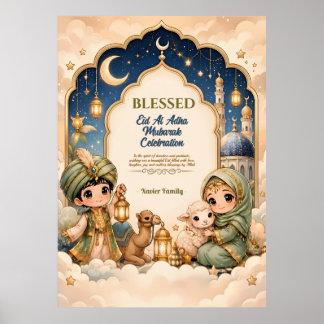 Affiche Famille Navy Lanterne Mignonne Luxeuse Eid Mubarak