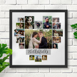 Affiche Famille Photo Collage Coeur 17 Photos Nom Blanc<br><div class="desc">Affichez vos souvenirs de famille ou de mariage avec cette belle affiche murale photo collage en blanc et gris avec vos photos en forme de coeur. Ce joli design comprend de la place pour 17 photos : 9 horizontales, 2 verticales et 6 carré de style Instagram. Vos photos s'ajusteront automatiquement...</div>