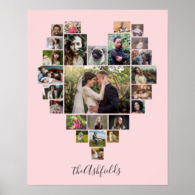Affiche Famille Photo Collage Coeur 25 Photos Nom Rose (Devant)