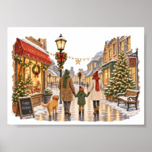 Affiche Famille se promenant dans une rue de Noël enneigée