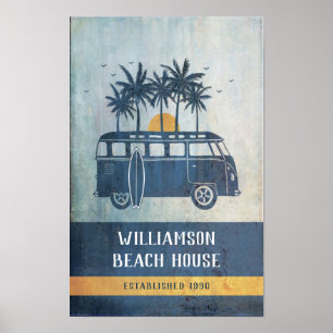 Affiche Famille Summer Beach House Retro Van Monogrammed