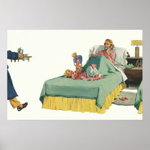 Affiche Famille vintage servant le petit déjeuner à maman
