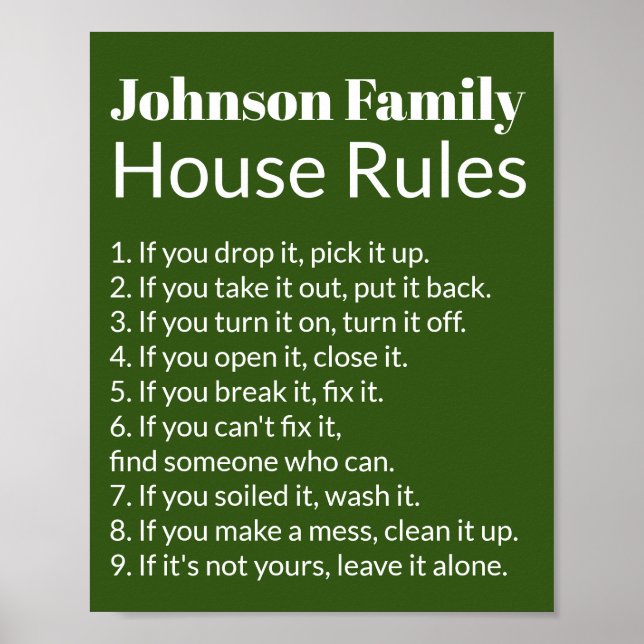 Affiche Family's House Rules Dark Green et White Modèle (Devant)