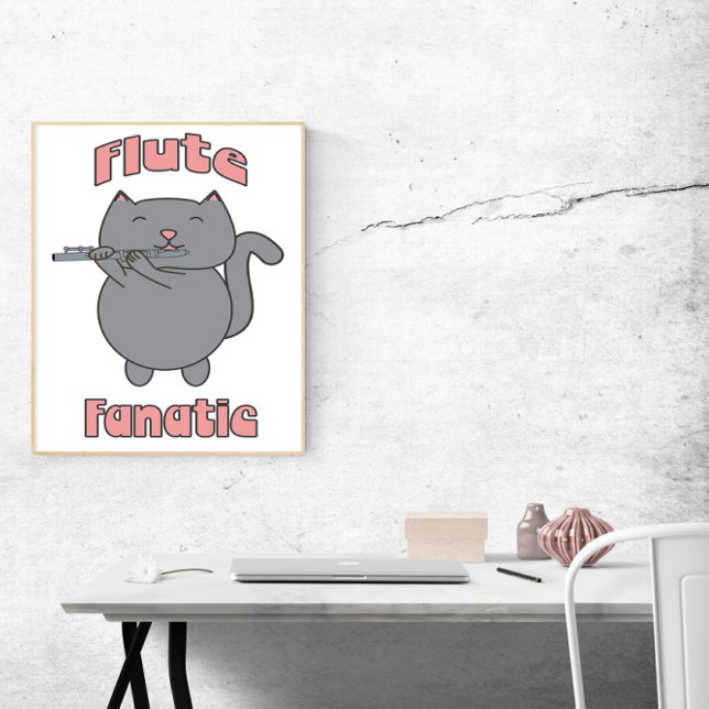 Affiche Fanatique de flûte Chat Gris Rose Drôle (A poster featuring a gray cat playing the flute and the words Flute Fanatic in pink)