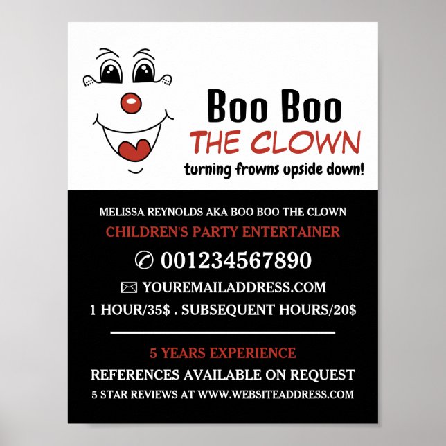 Affiche Fantaisie, Animateur pour enfants, Publicité clown (Devant)