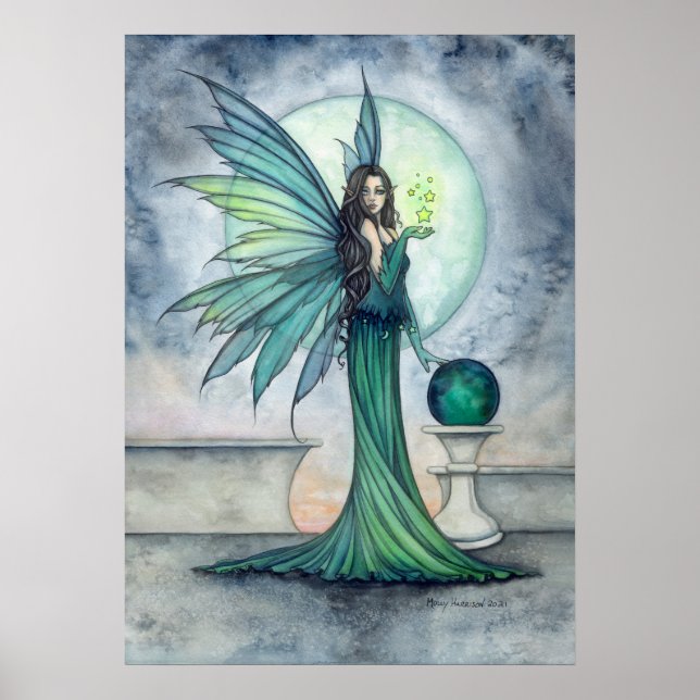 Affiche Fantaisie d'art féerique indigo et jade par Molly  (Devant)