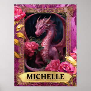 Affiche Fantaisie de dragon fuchsia romantique et roses